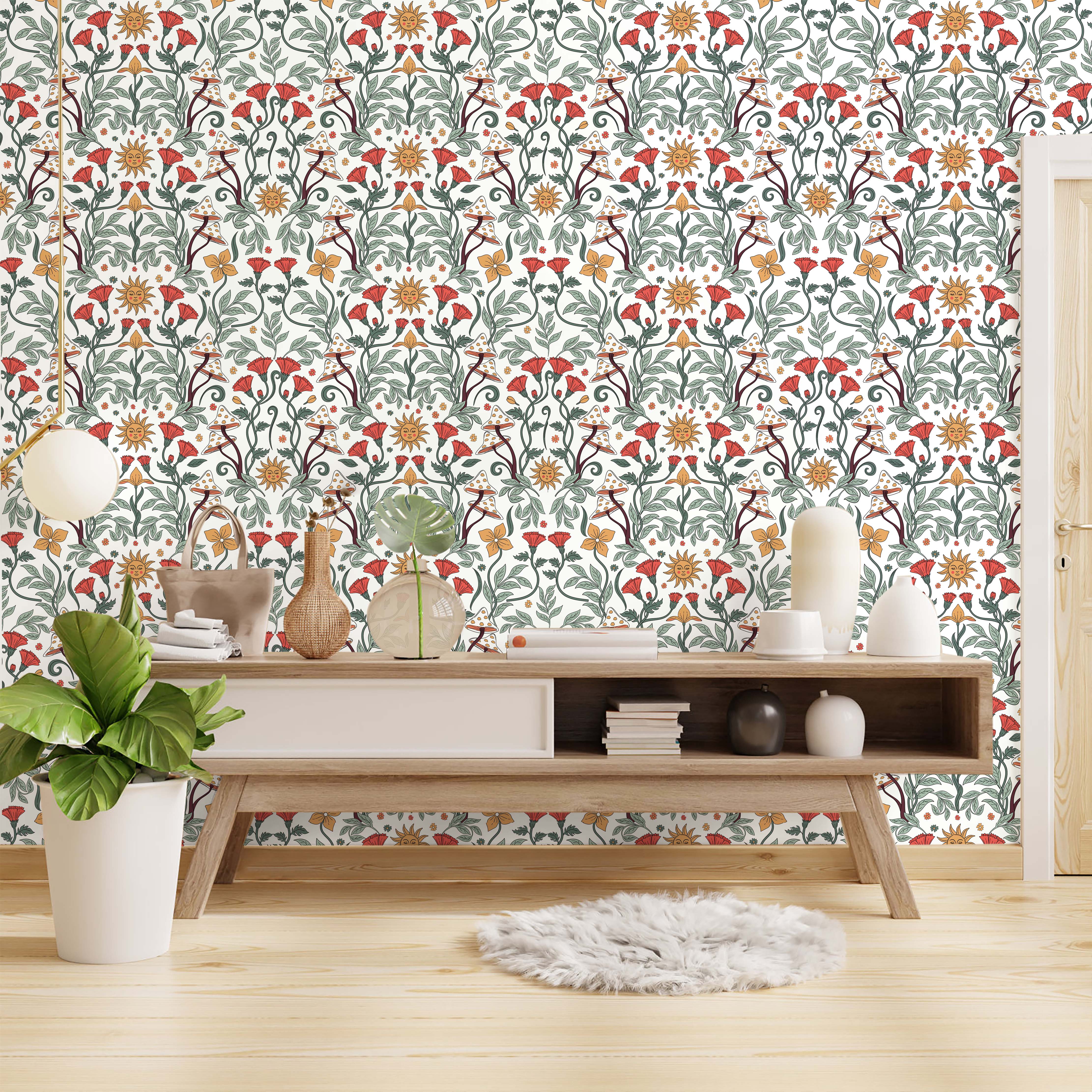 HAOKHOME 93316-1 Floral Peel and Stick Wallpaper Boho Removable Wall Paper White/Green/Red Vinyl Stick on Wall Mural Decor