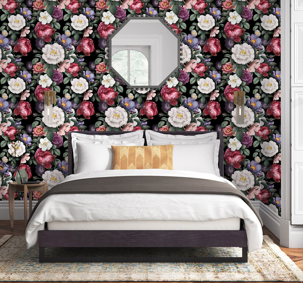 HAOKHOME 93312 Floral Peel and Stick Wallpaper Removable Vintage Wall Paper Black/Green/Pink Vinyl Self Adhesive Wall Mural