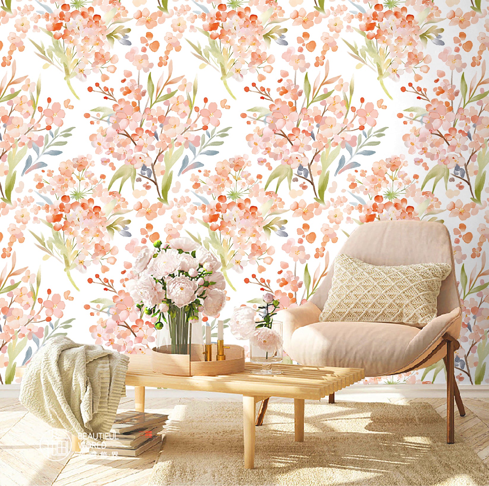 HAOKHOME 93425-1 Floral Wallpaper Peel and Stick Removable Boho Wall Paper for Bedroom Textured Contact Paper