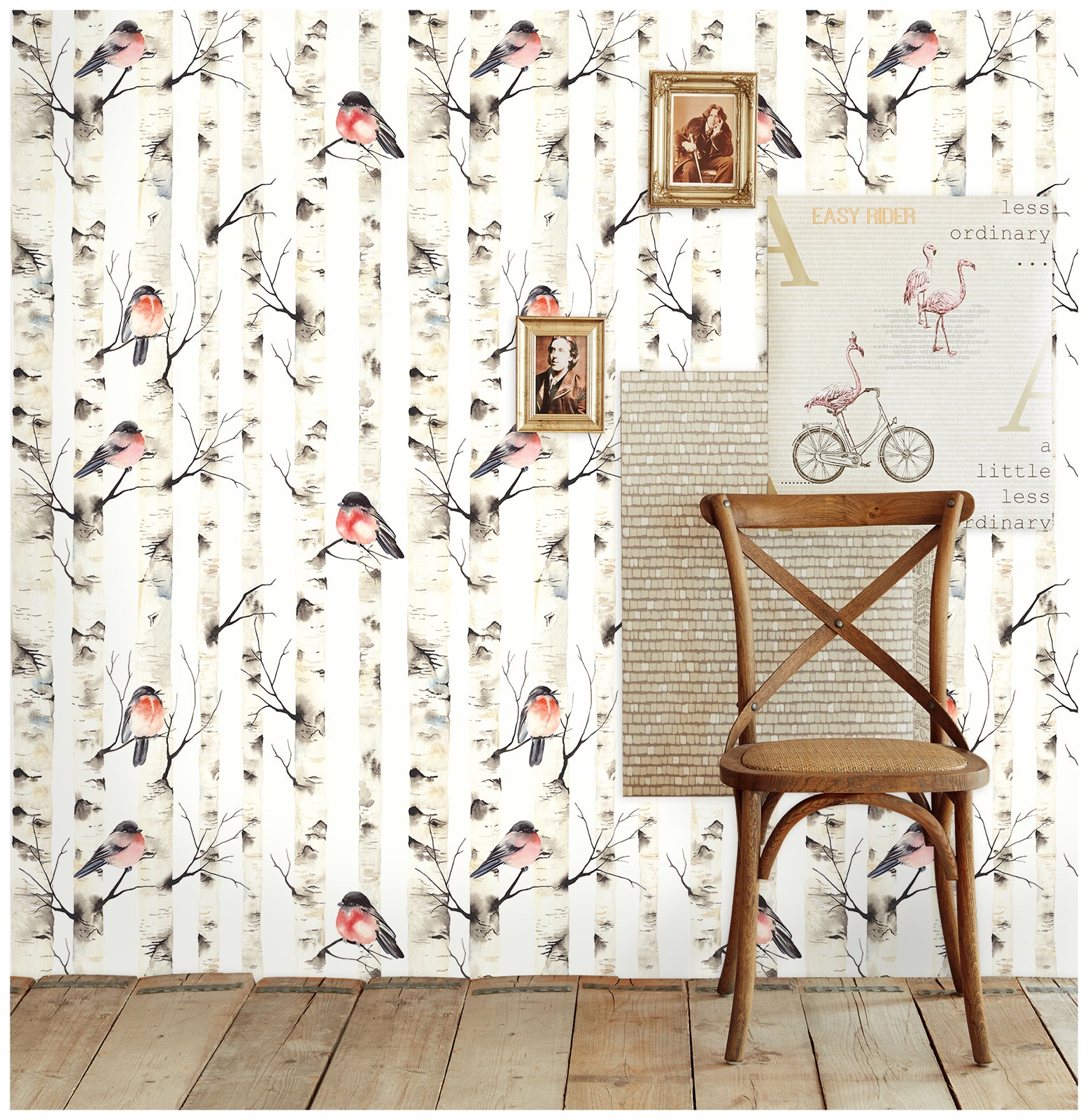 HaokHome Birch Tree Forest Birds Peel and Stick Wallpaper