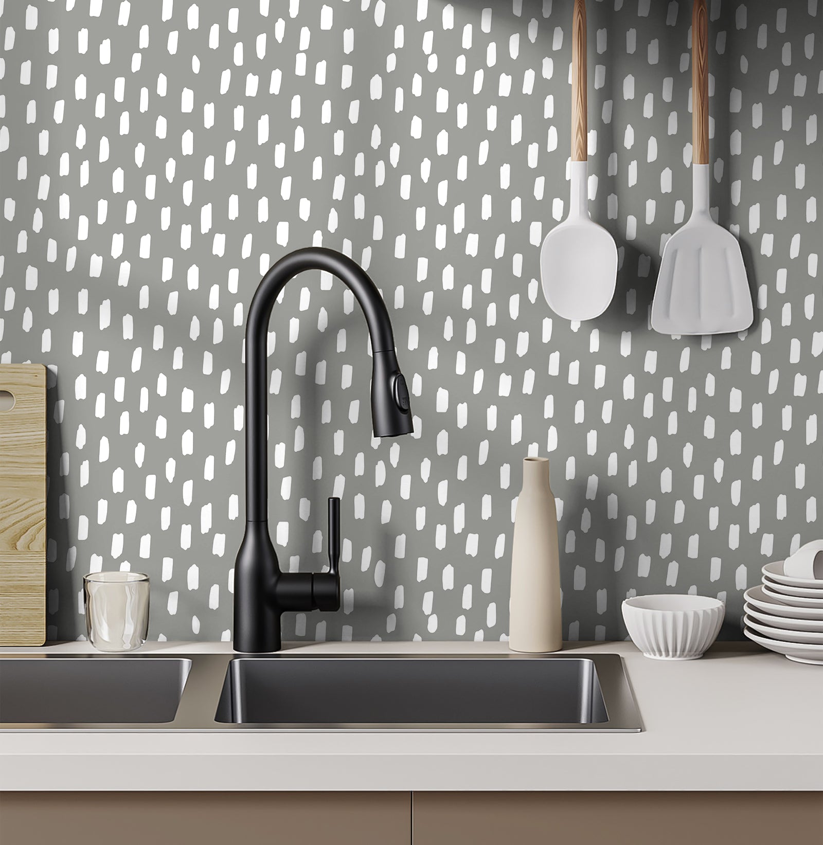 Grey white hand brush dot peel and stick scandinavian hallway wallpaper HaokHome