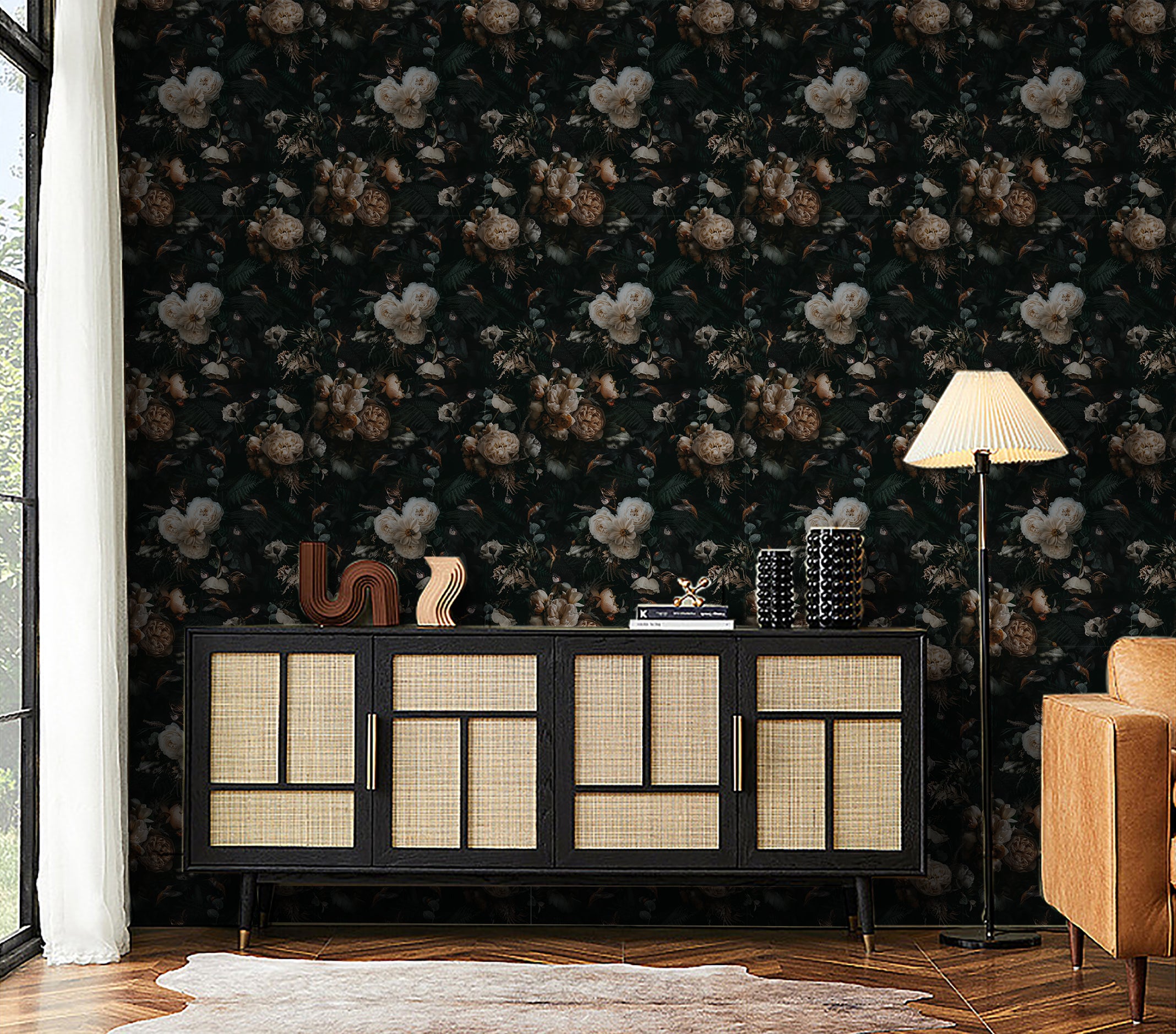 HAOKHOME 93287 Peel and Stick Boho Wallpaper Removable Vintage Black Floral Contact Paper for Cabinet Accent Wall