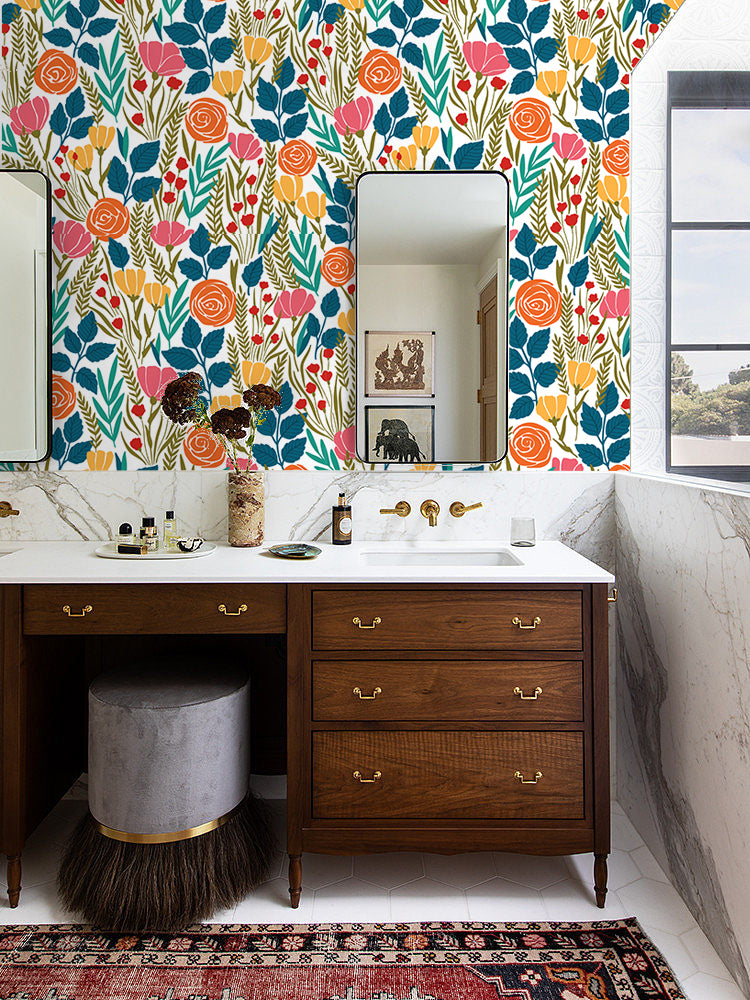 HAOKHOME 93386-4 Peel and Stick Wallpaper Floral Removable Stick on Contact Paper for Bathroom White/Orange/Green