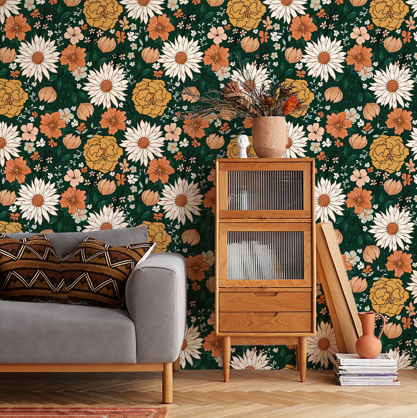 HAOKHOME 93395 Floral Peel and Stick Wallpaper Boho Wall Paper Vintage Removable for Bedroom Contact Paper Green/Terracotta