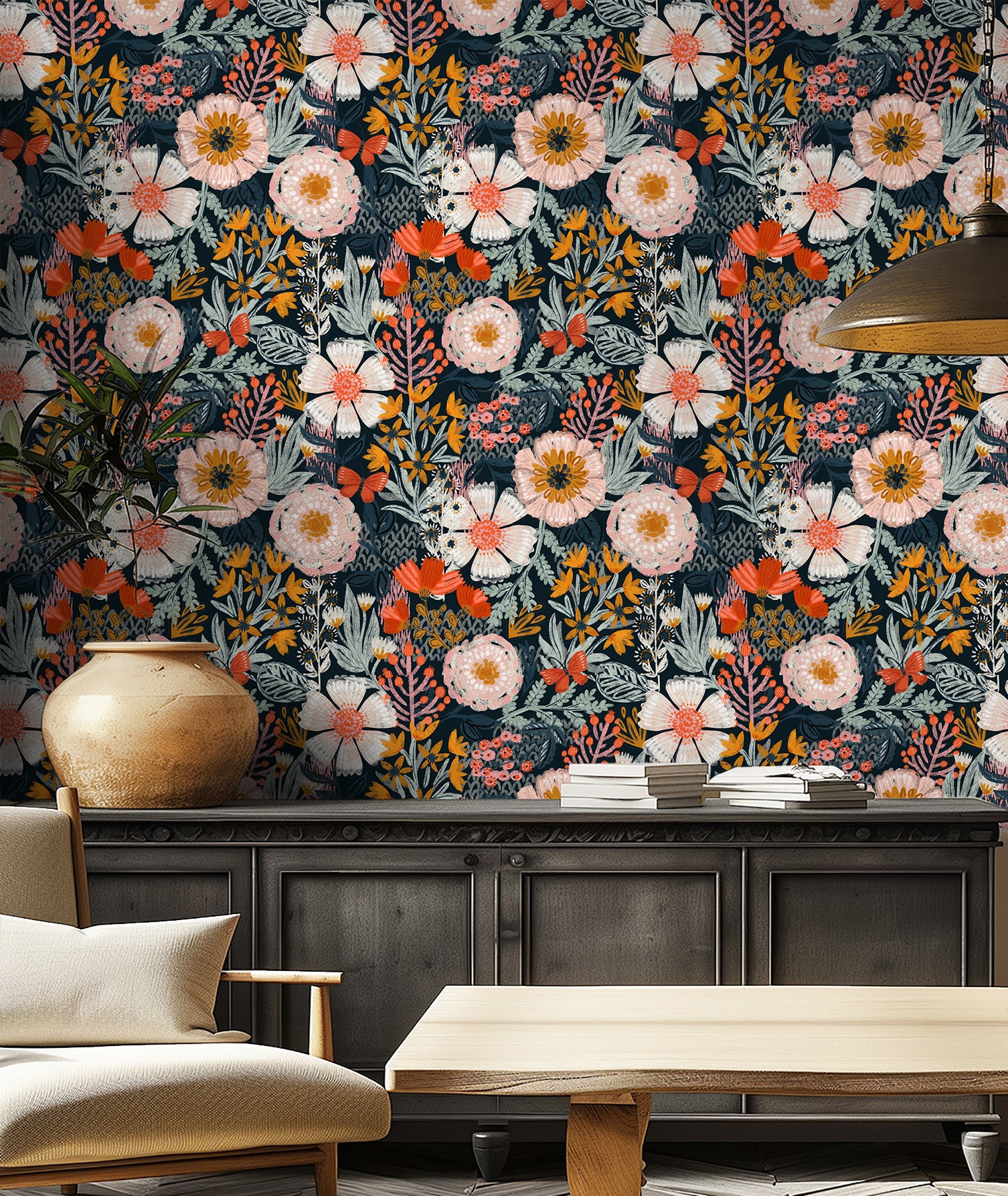 HAOKHOME 93439-1 Boho Peel and Stick Wallpaper Floral Wall Paper Removable for Bedroom Navy/Pink/Orange Contact Paper