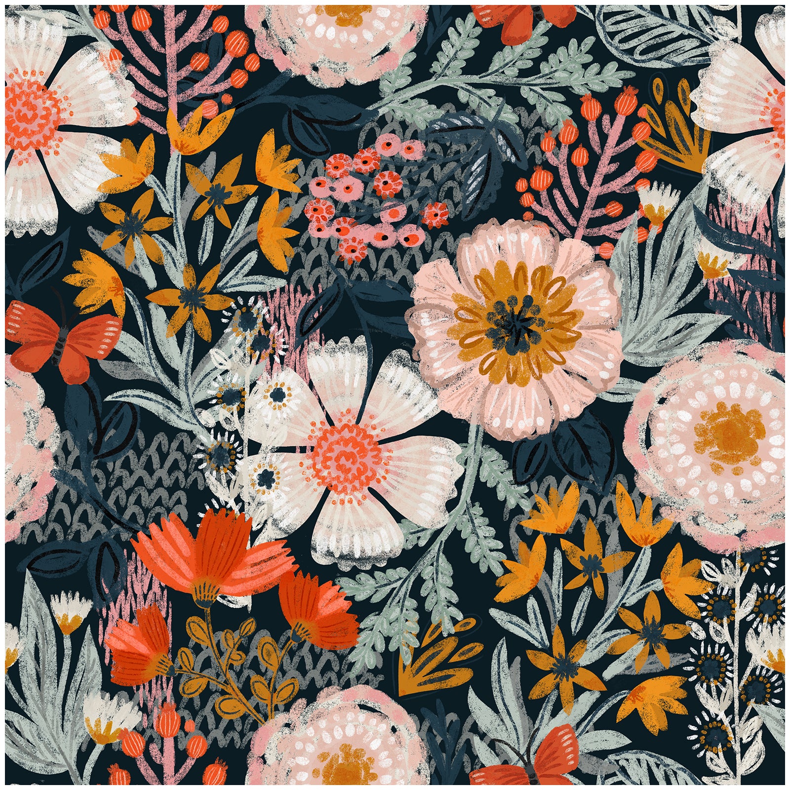 HAOKHOME 93439-1 Boho Peel and Stick Wallpaper Floral Wall Paper Removable for Bedroom Navy/Pink/Orange Contact Paper