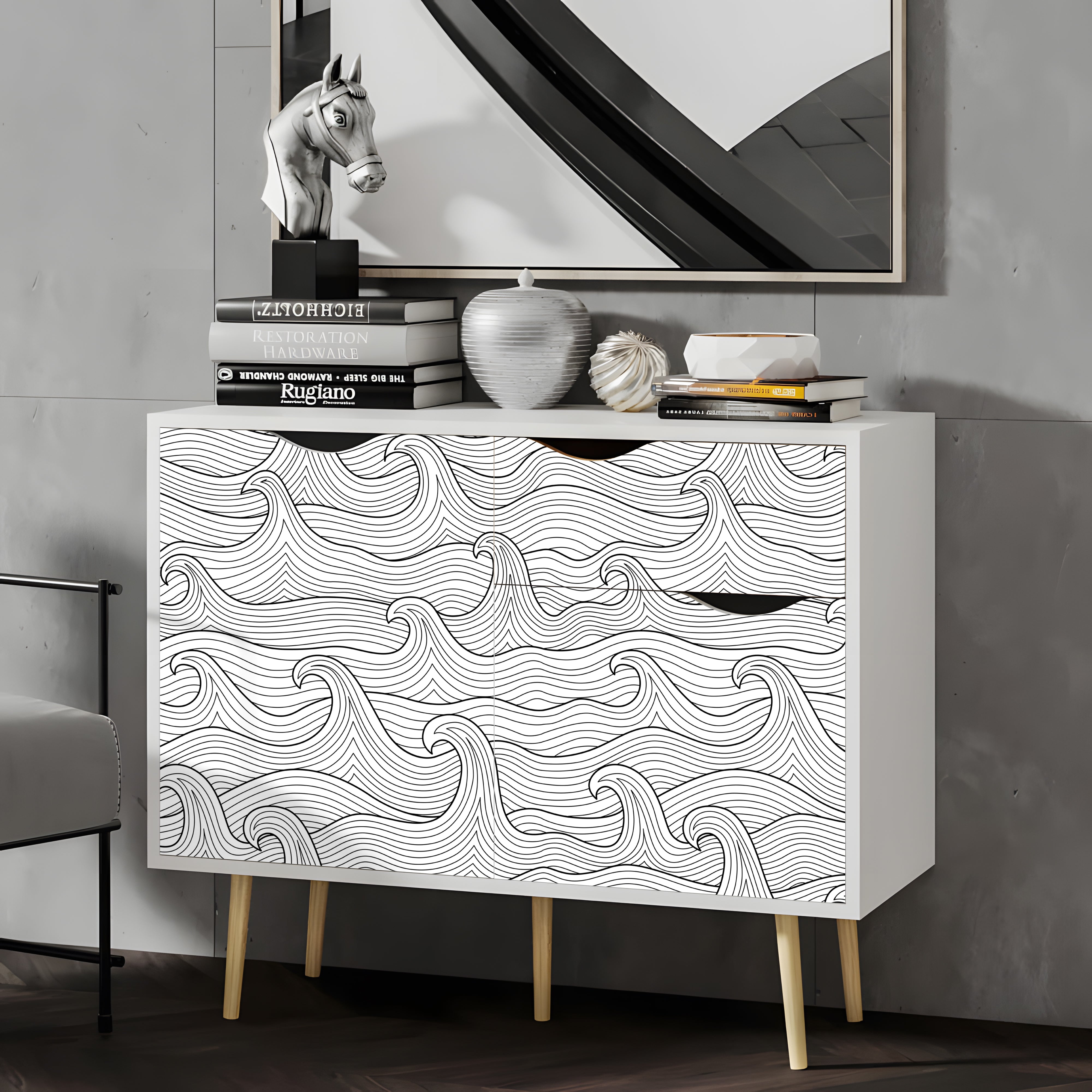 HAOKHOME Coastal Peel and Stick Wallpaper Modern Wave Wall Paper Removable for Bathroom Black/White Contact Paper