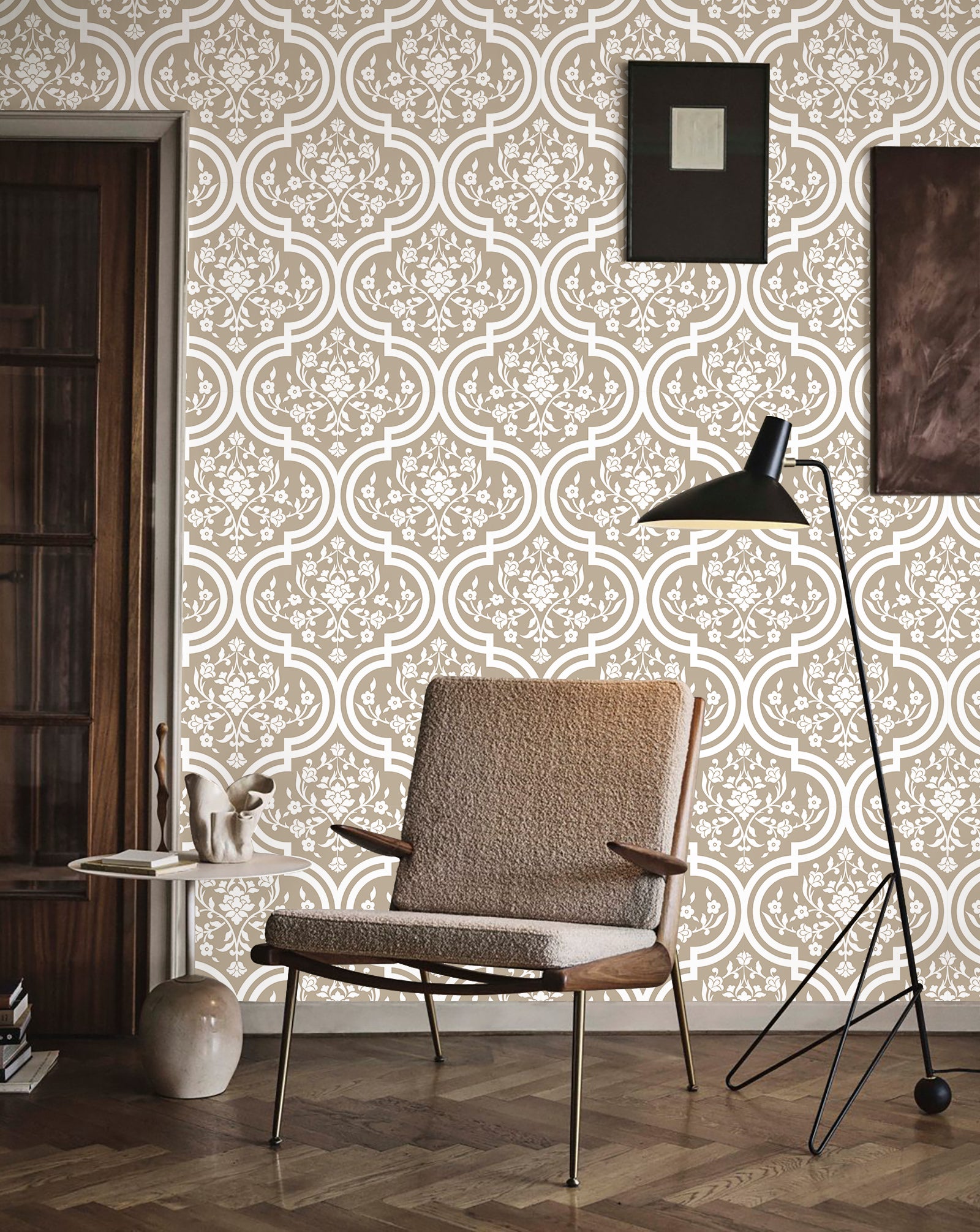 HAOKHOME Damask Wallpaper Peel and Stick Floral Wall Paper Vintage Removable for Kitchen Mushroom/White Contact Paper