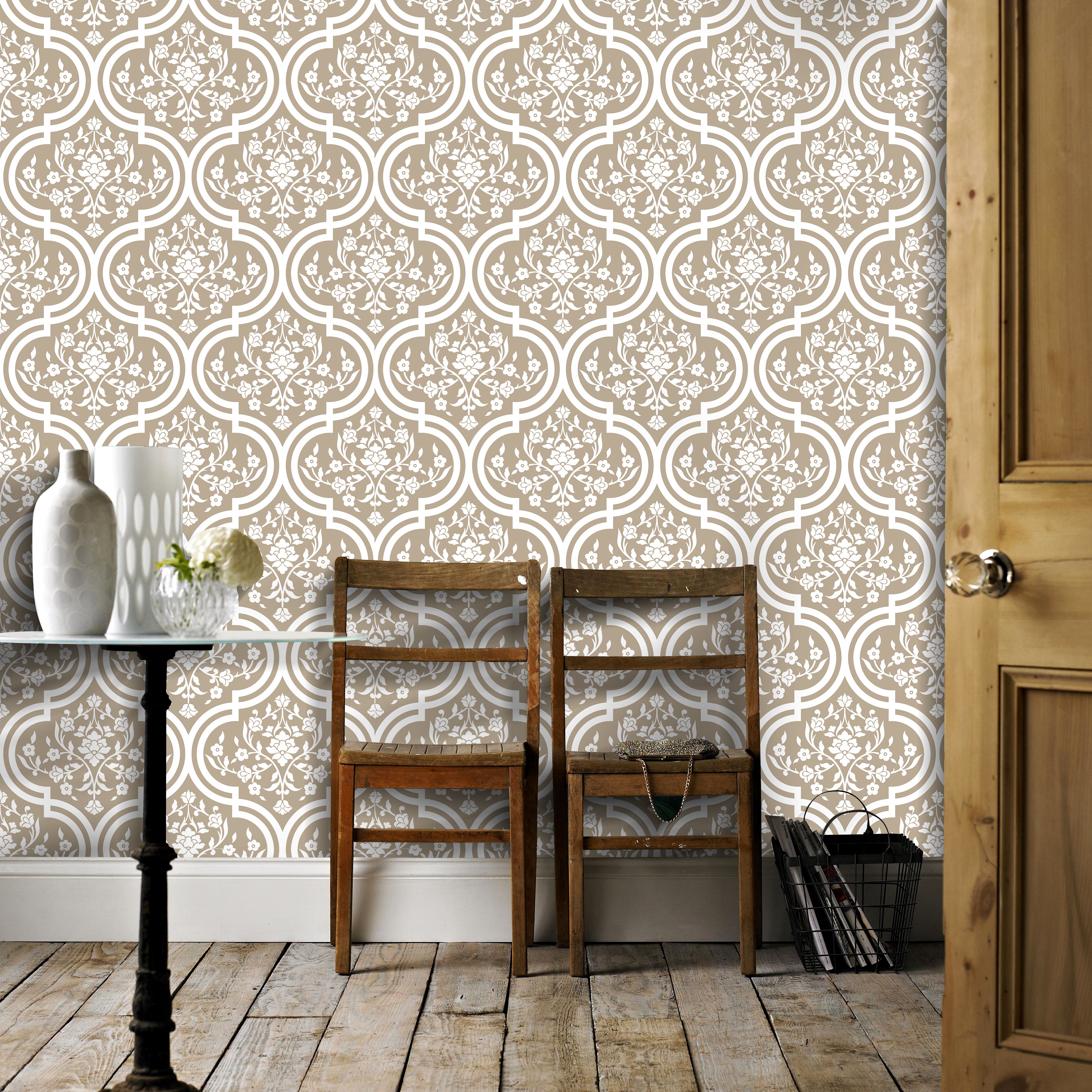 HAOKHOME Damask Wallpaper Peel and Stick Floral Wall Paper Vintage Removable for Kitchen Mushroom/White Contact Paper