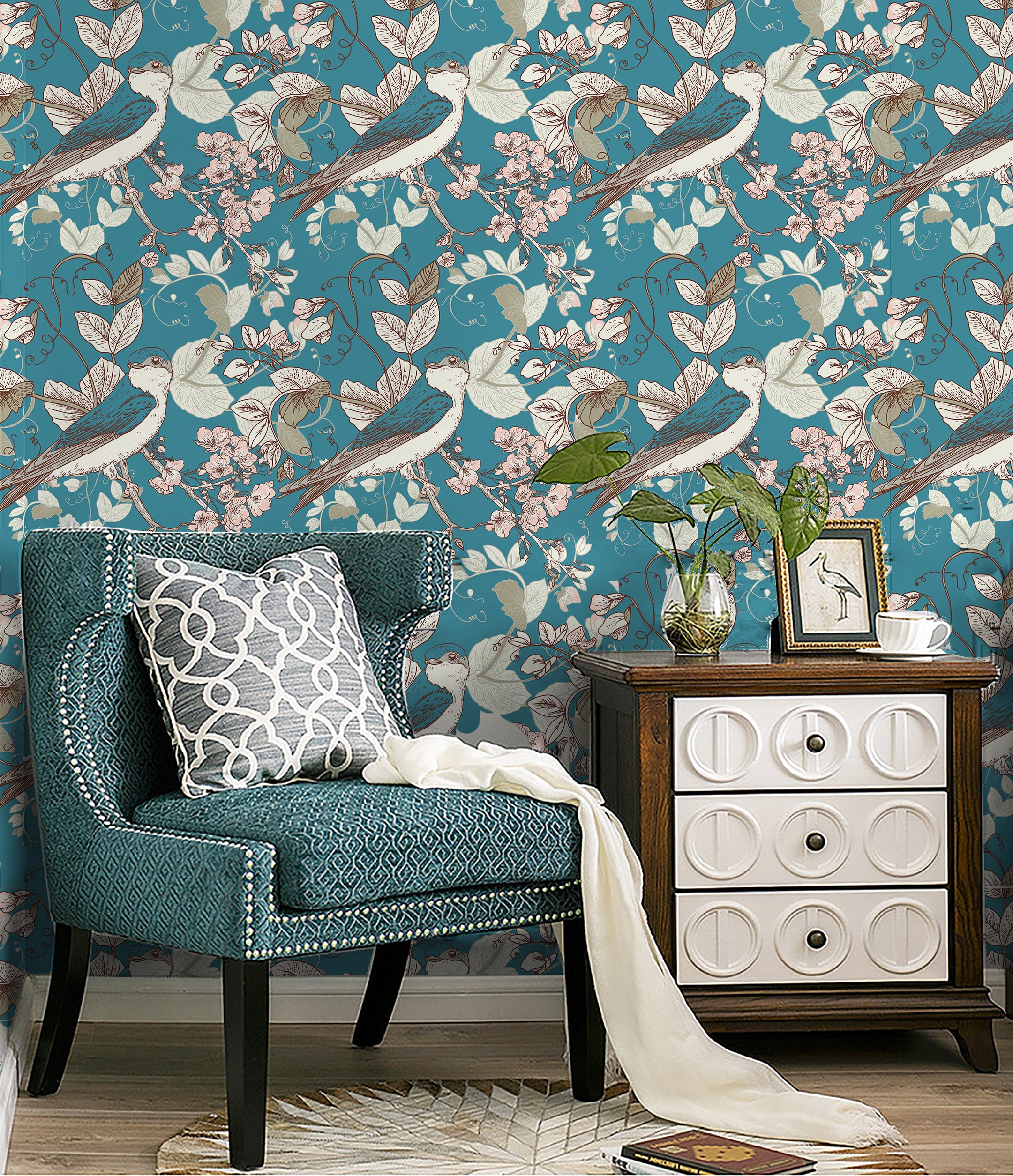 HaokHome 93174 Vintage Peel and Stick Wallpaper – Blue Birds & Floral Patterns Removable Home Decor