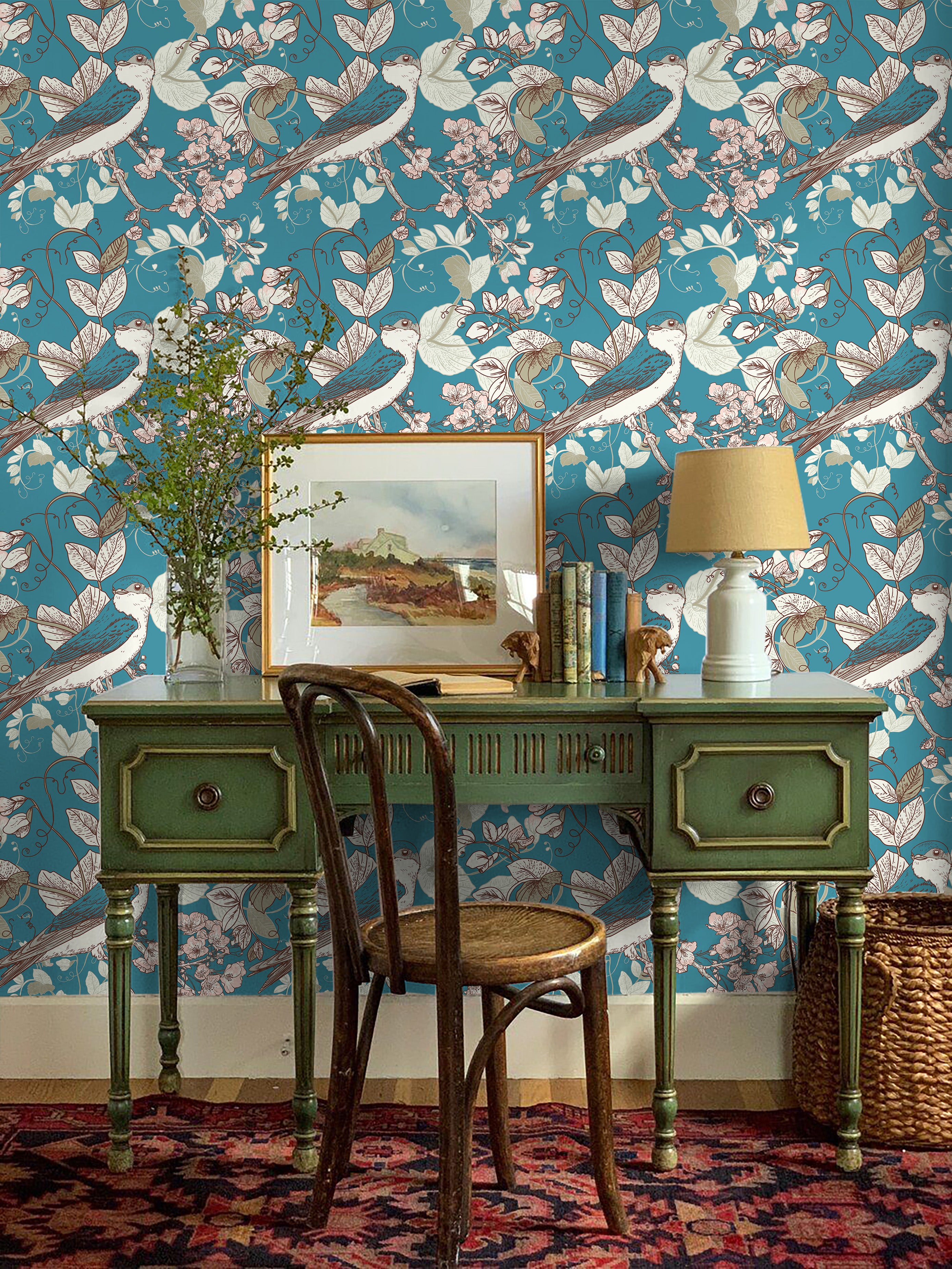 HaokHome 93174 Vintage Peel and Stick Wallpaper – Blue Birds & Floral Patterns Removable Home Decor