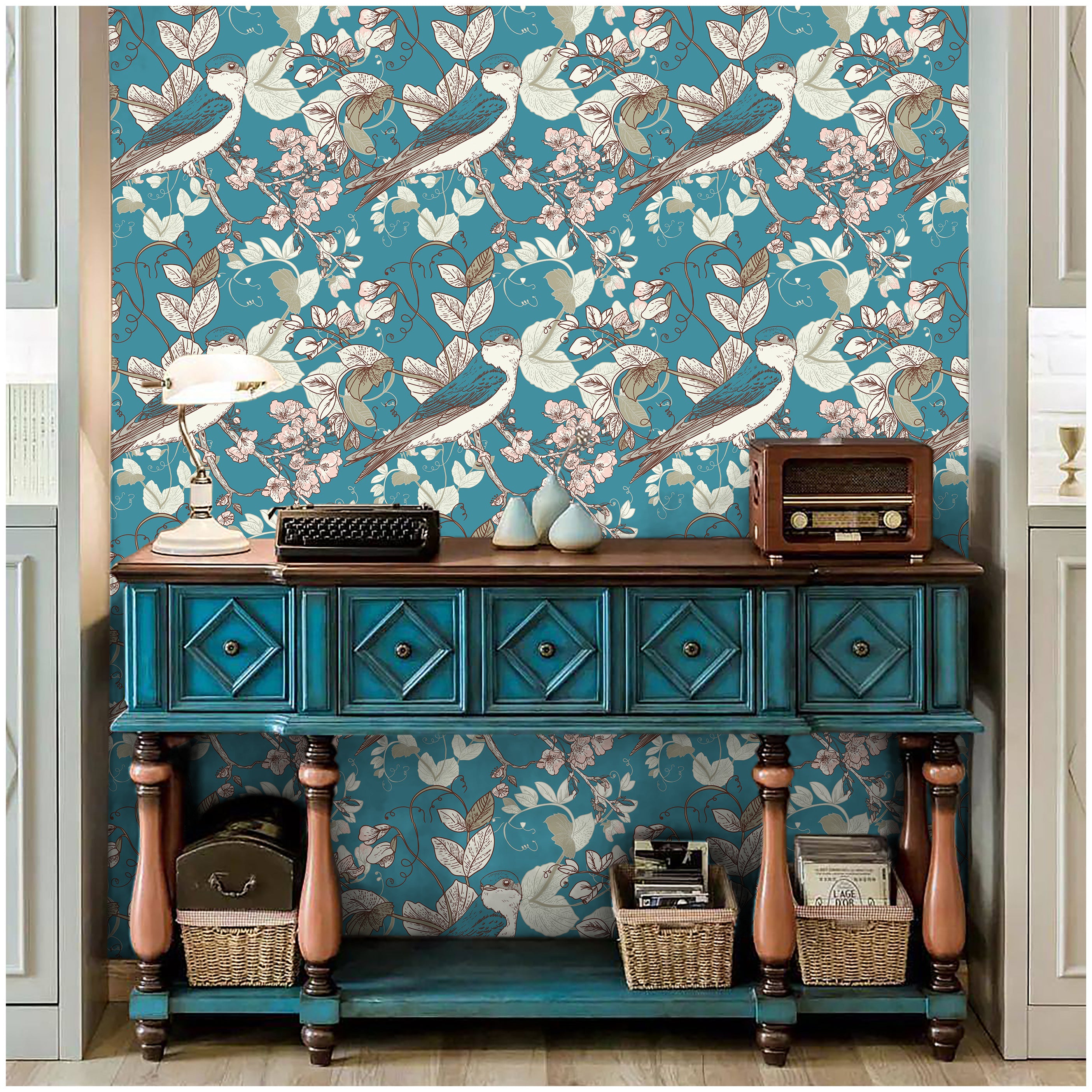 HaokHome 93174 Vintage Peel and Stick Wallpaper – Blue Birds & Floral Patterns Removable Home Decor