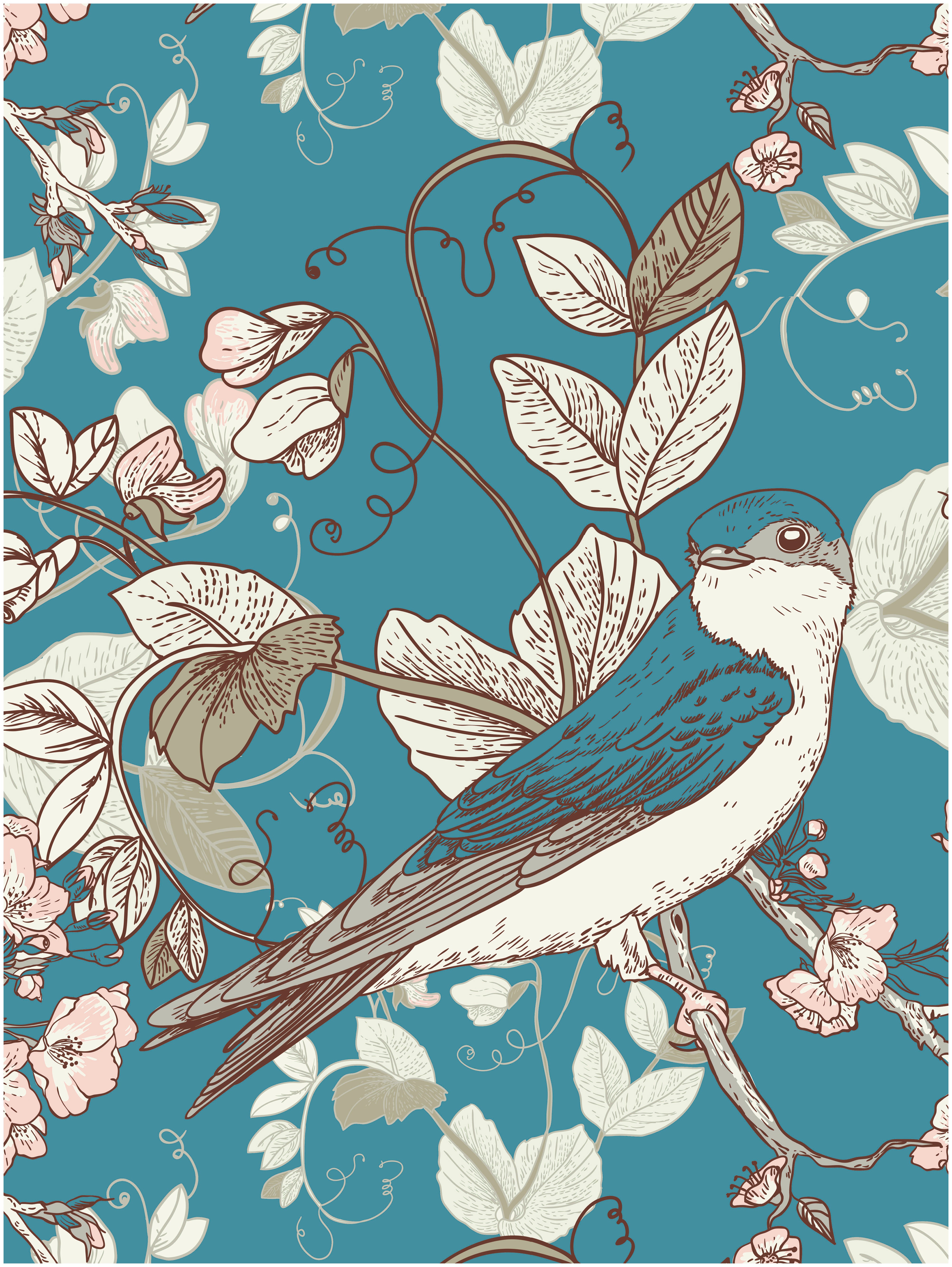 HaokHome 93174 Vintage Peel and Stick Wallpaper – Blue Birds & Floral Patterns Removable Home Decor