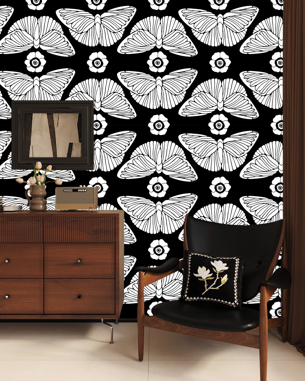 HaokHome 93387-1 Modern Peel and Stick Wallpaper – Black & White Butterfly Floral, Removable Home Decor