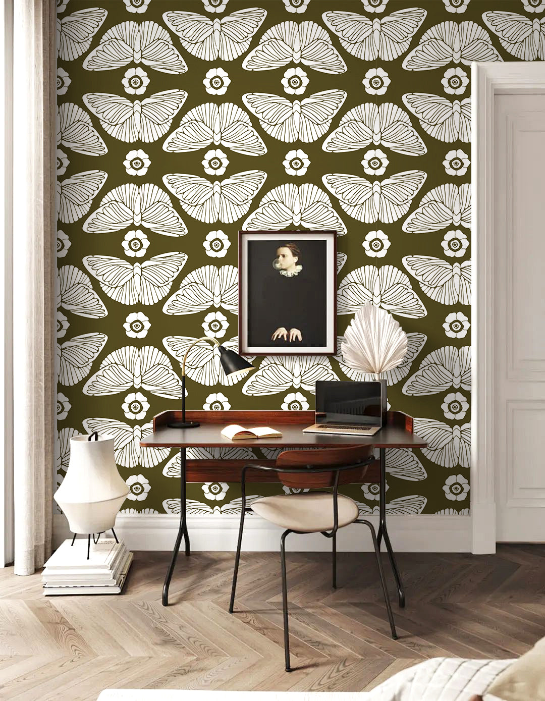 HaokHome 93387-2 Olive Green Butterfly Floral Peel and Stick Wallpaper – Removable Home Decor