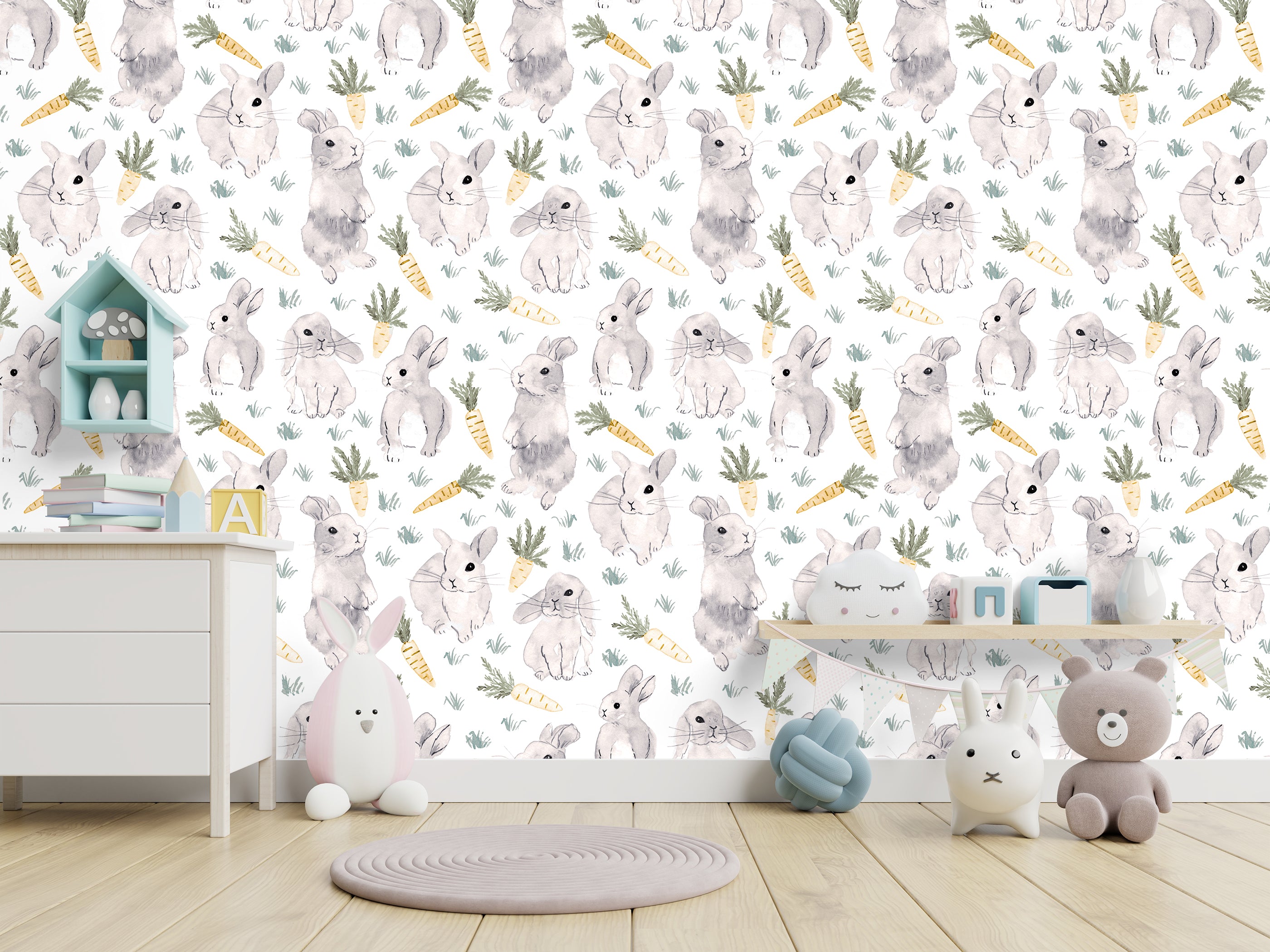 HaokHome 99037-3 Cute Bunny and Carrot Wallpaper - Playful Animal Wallpaper for Kids’ Rooms and Nurseries