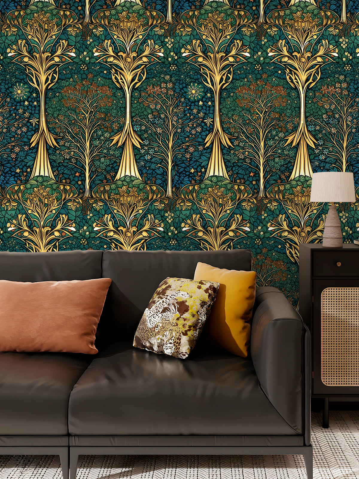 HaokHome Art Nouveau Botanical Wallpaper – Elegant Golden Floral Design on Dark Teal Background