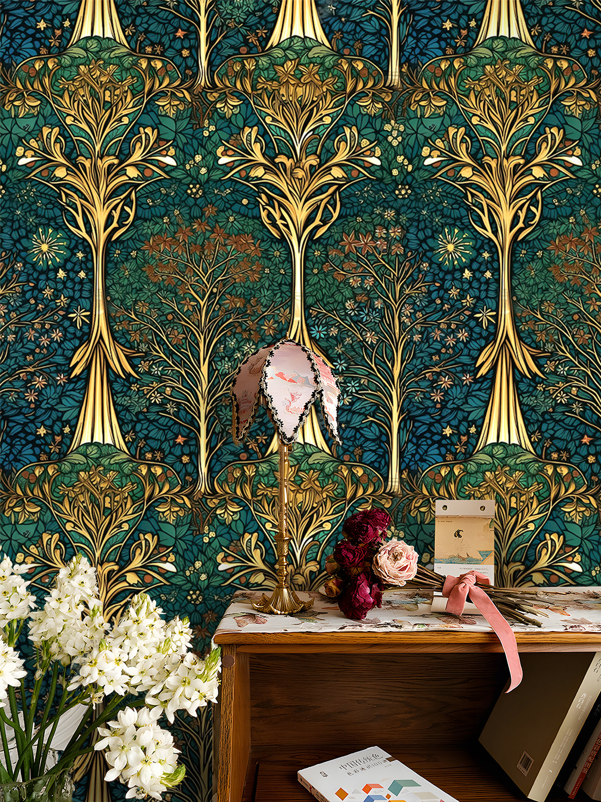 HaokHome Art Nouveau Botanical Wallpaper – Elegant Golden Floral Design on Dark Teal Background