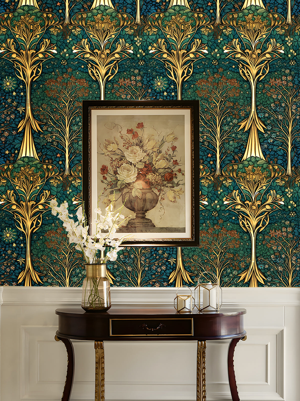 HaokHome Art Nouveau Botanical Wallpaper – Elegant Golden Floral Design on Dark Teal Background