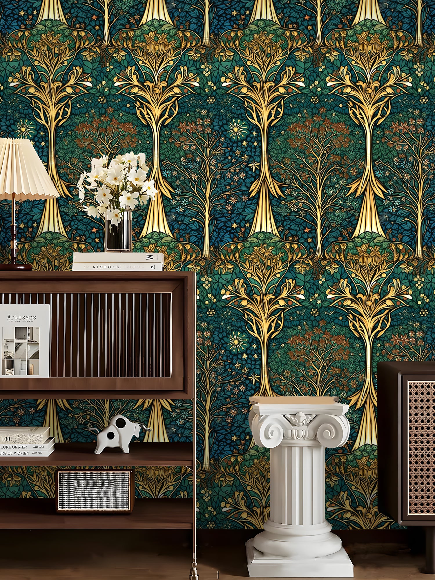 HaokHome Art Nouveau Botanical Wallpaper – Elegant Golden Floral Design on Dark Teal Background