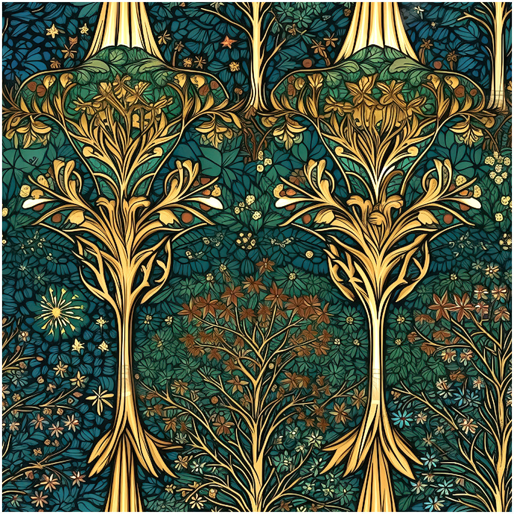 HaokHome Art Nouveau Botanical Wallpaper – Elegant Golden Floral Design on Dark Teal Background