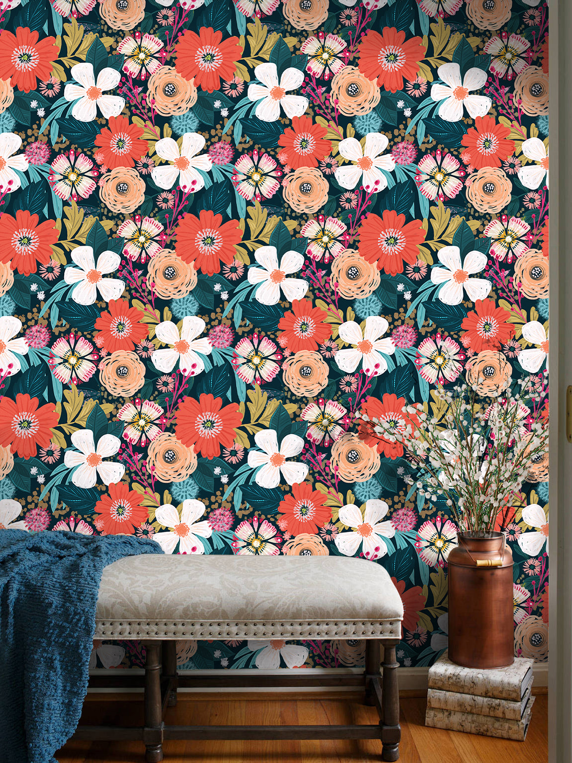 HaokHome Bohemian Floral Wallpaper Vibrant Red, Pink, and Yellow Flowers on Dark Green Background