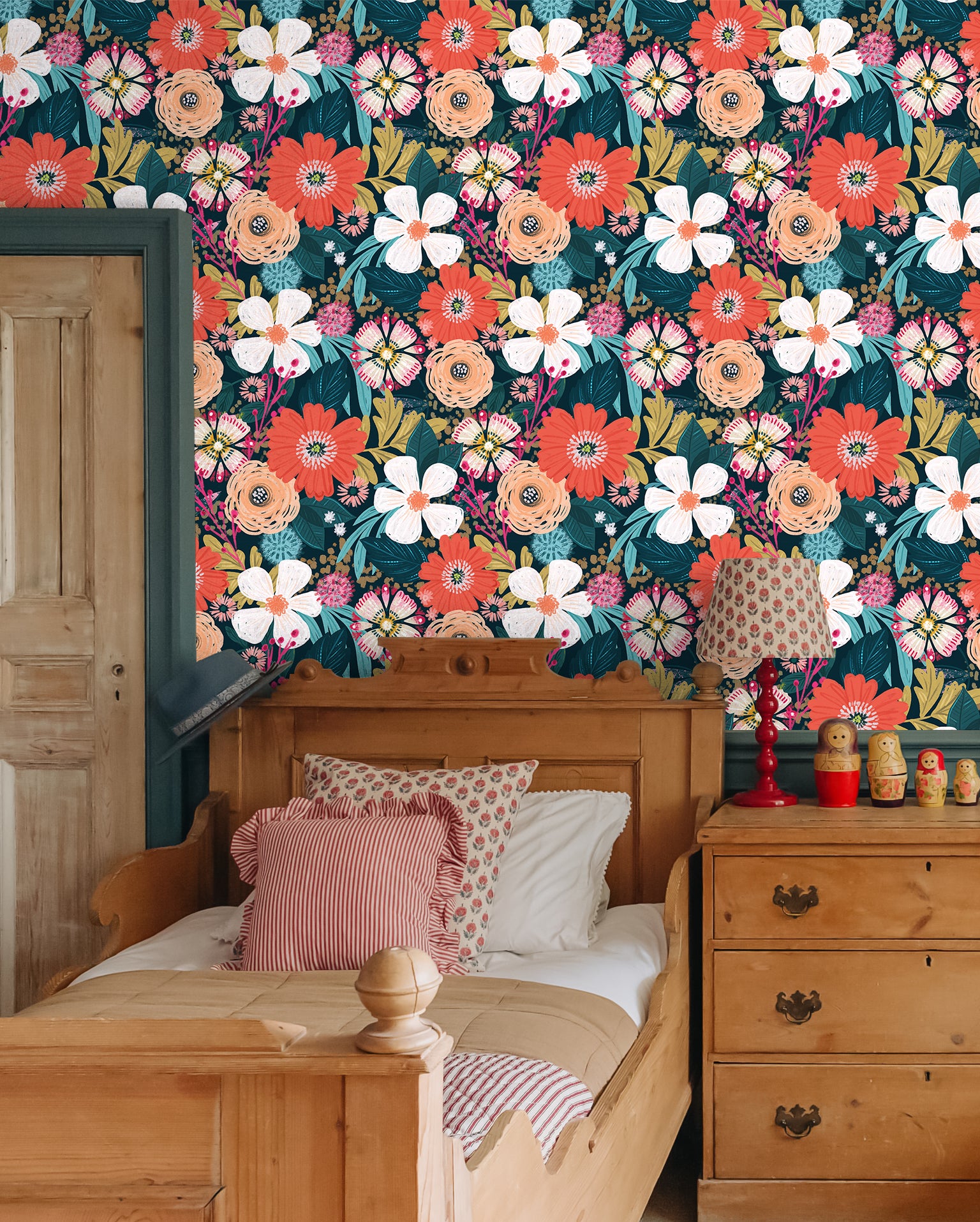 HaokHome Bohemian Floral Wallpaper Vibrant Red, Pink, and Yellow Flowers on Dark Green Background