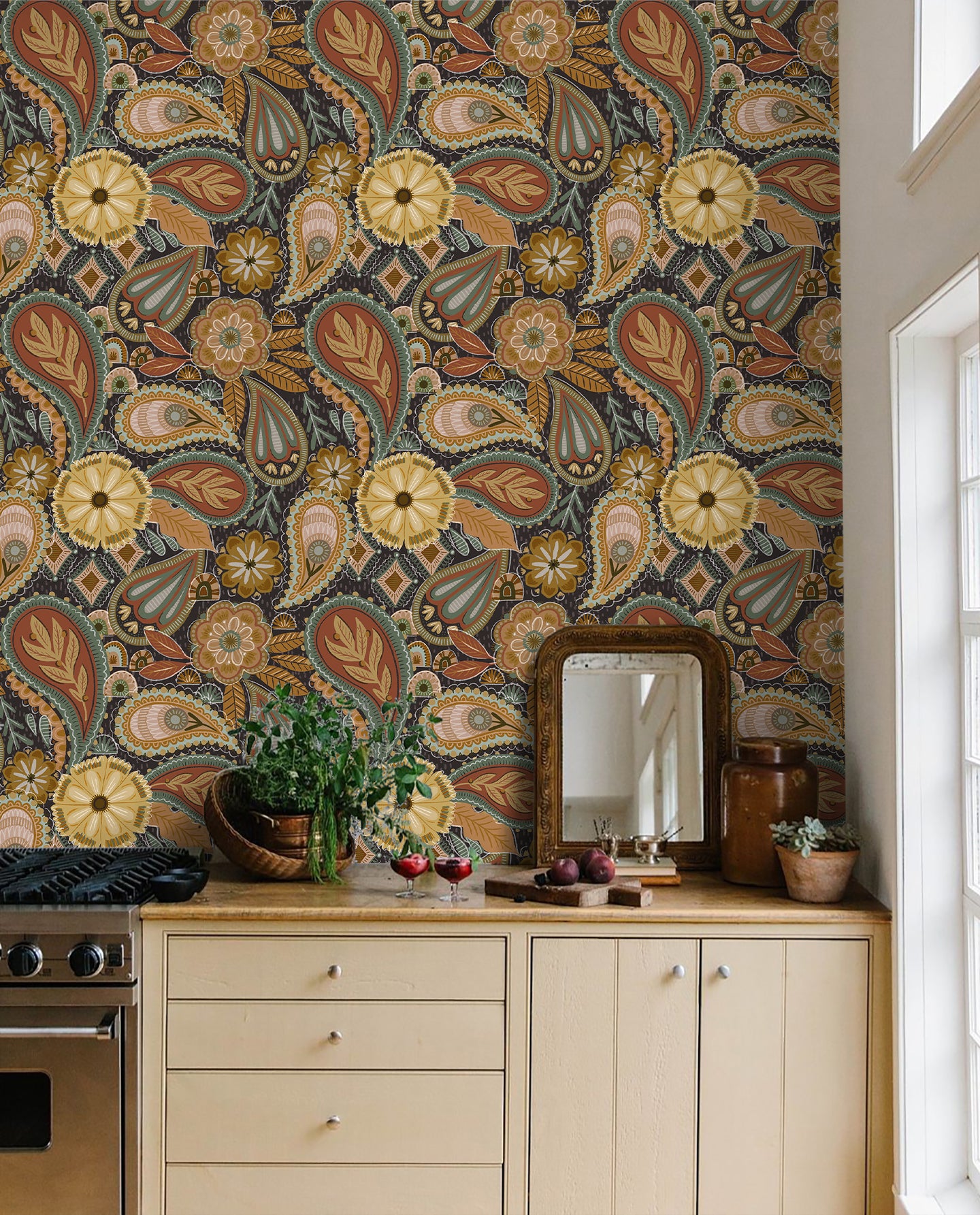 HaokHome Bohemian Paisley Floral Wallpaper Vintage Charm with Warm Earth Tones