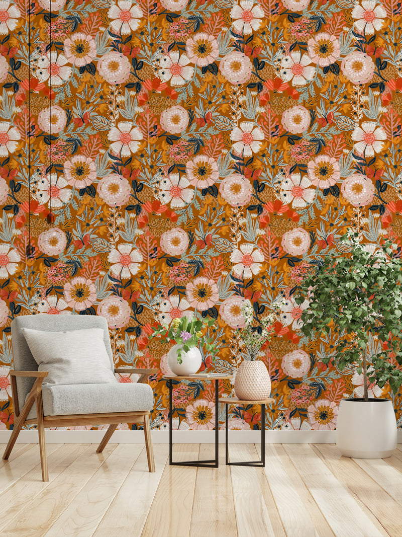 Mustard & Orange Vintage Floral Peel and Stick Wallpaper