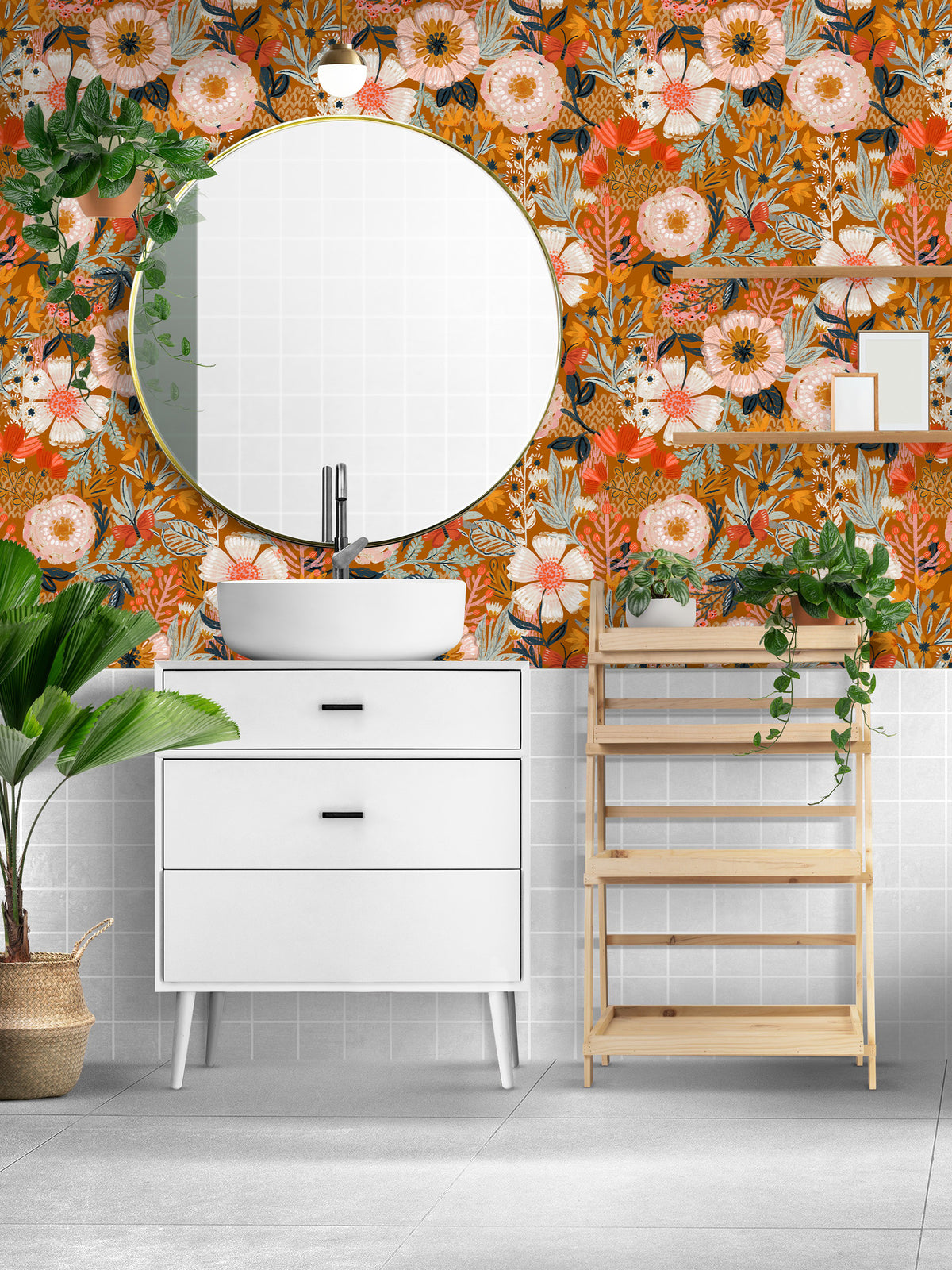 Mustard & Orange Vintage Floral Peel and Stick Wallpaper