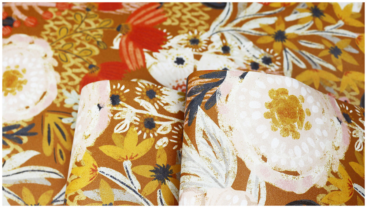 Mustard & Orange Vintage Floral Peel and Stick Wallpaper