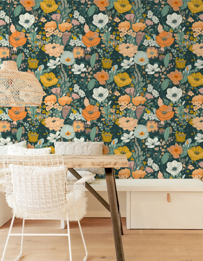 Vibrant Floral Design with Dark Green & Orange Wallpaper