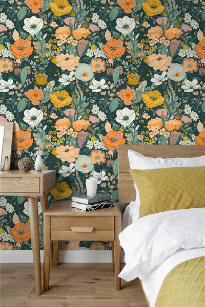 Vibrant Floral Design with Dark Green & Orange Wallpaper