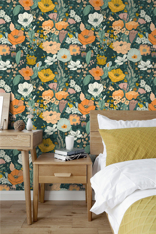 Vibrant Floral Design with Dark Green & Orange Wallpaper