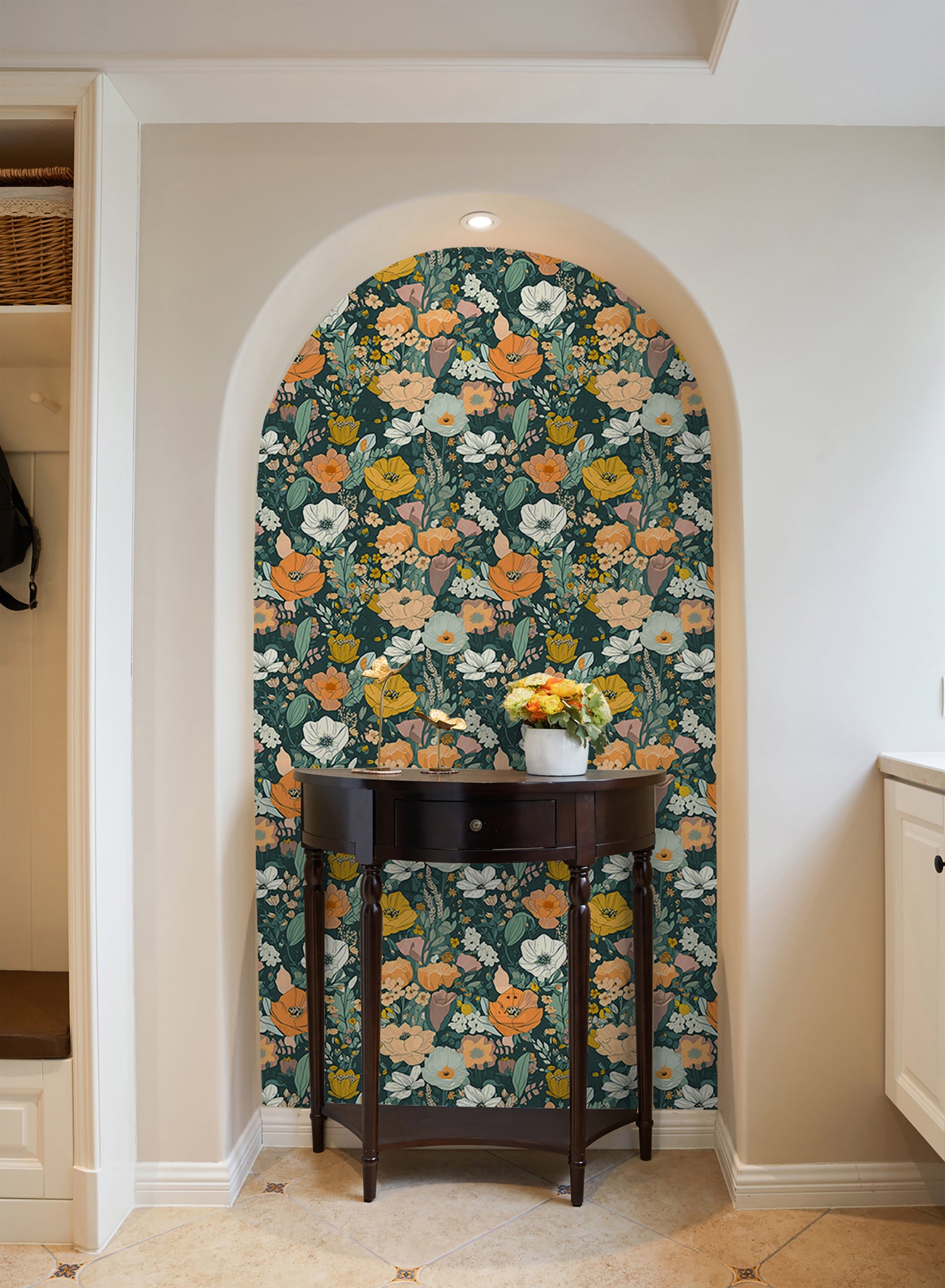 Vibrant Floral Design with Dark Green & Orange Wallpaper