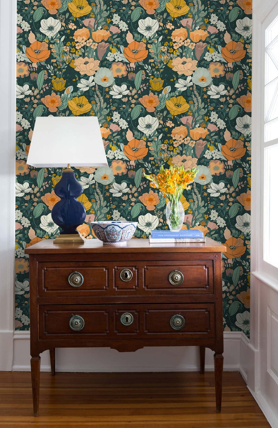 Vibrant Floral Design with Dark Green & Orange Wallpaper