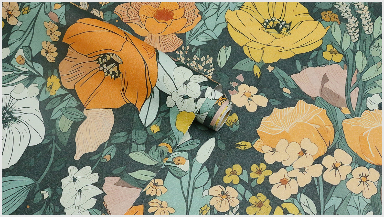 Vibrant Floral Design with Dark Green & Orange Wallpaper