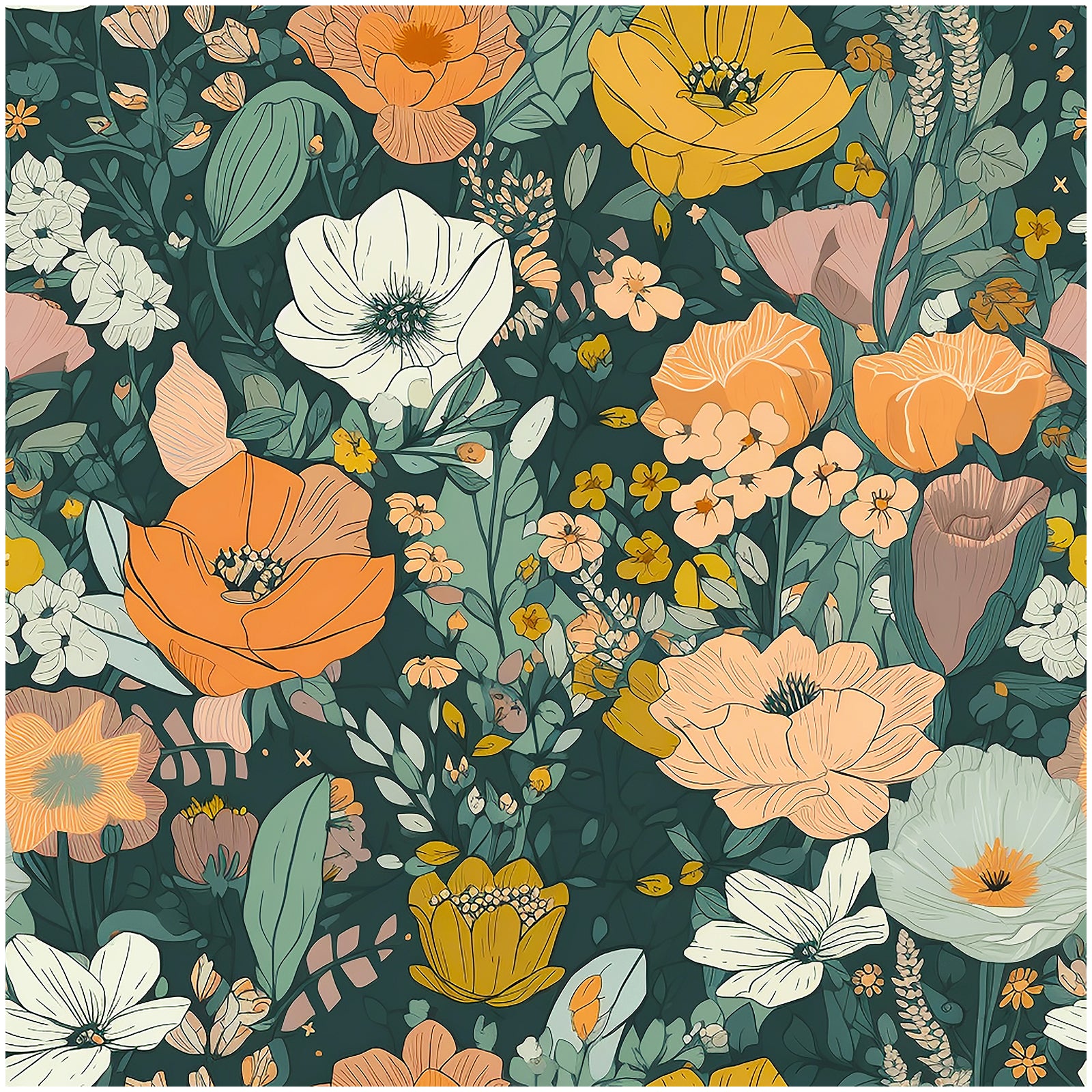 Vibrant Floral Design with Dark Green & Orange Wallpaper
