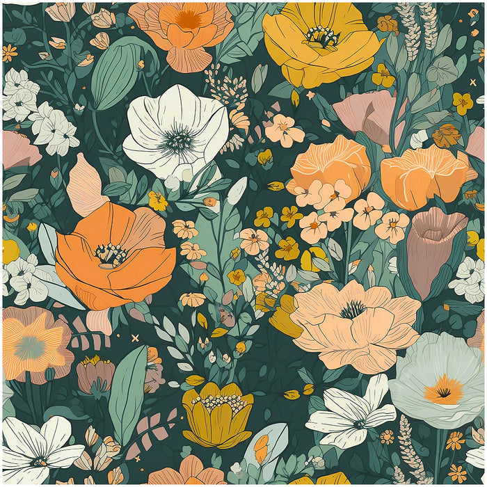 Vibrant Floral Design with Dark Green & Orange Wallpaper