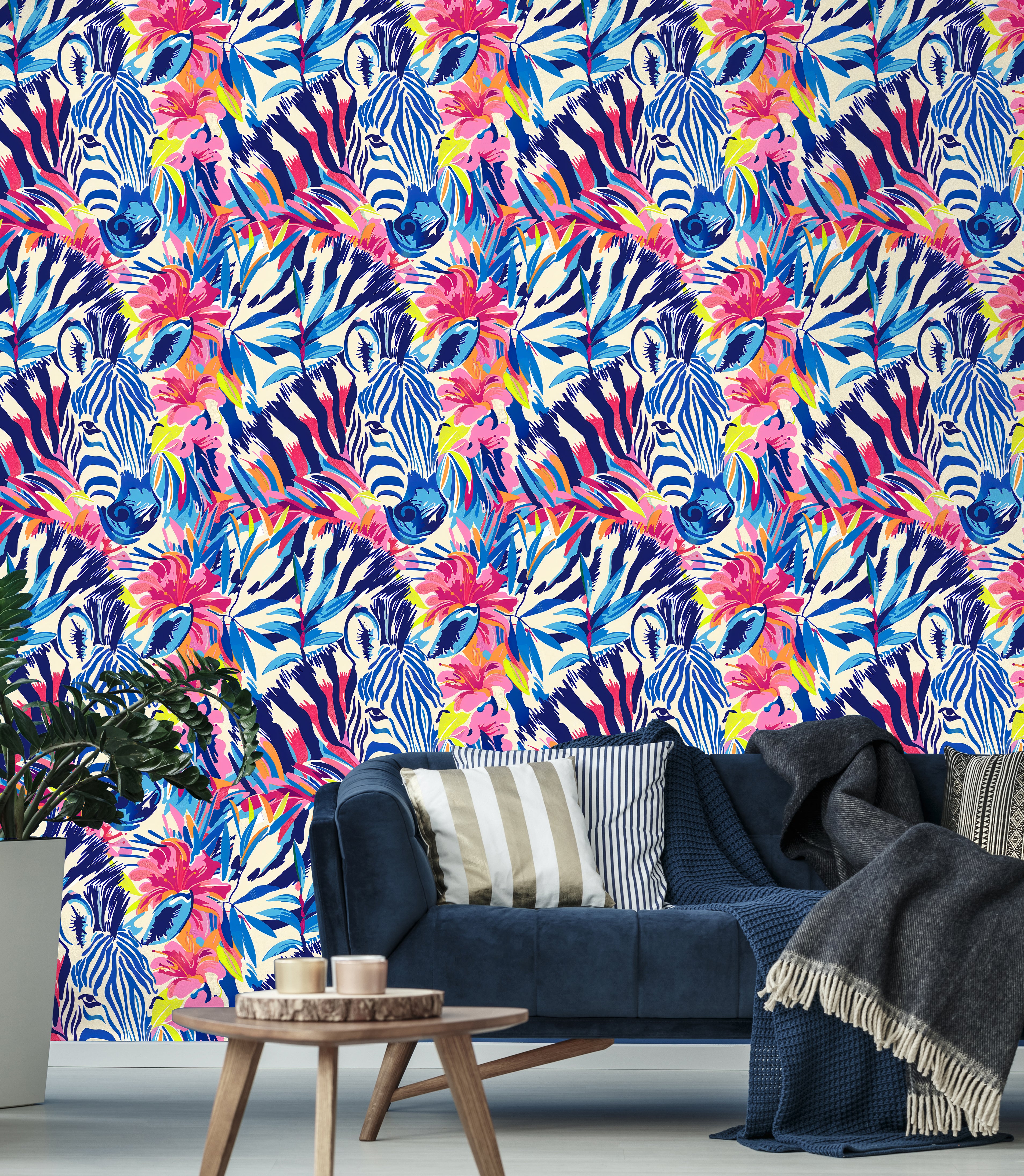 HaokHome Bold Zebra and Tropical Floral Wallpaper Vibrant Pink, Blue, and Yellow Design