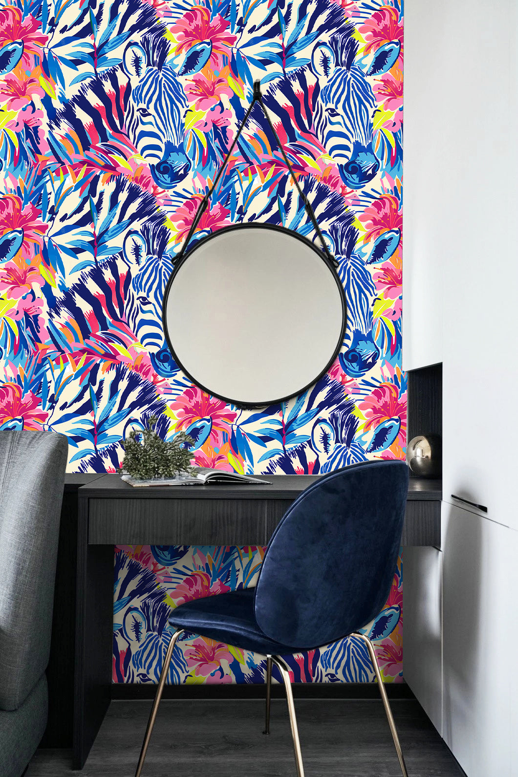 HaokHome Bold Zebra and Tropical Floral Wallpaper Vibrant Pink, Blue, and Yellow Design