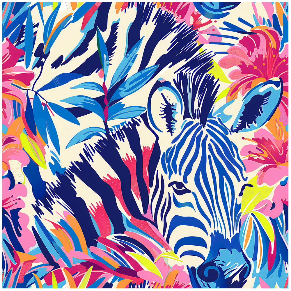 HaokHome Bold Zebra and Tropical Floral Wallpaper Vibrant Pink, Blue, and Yellow Design