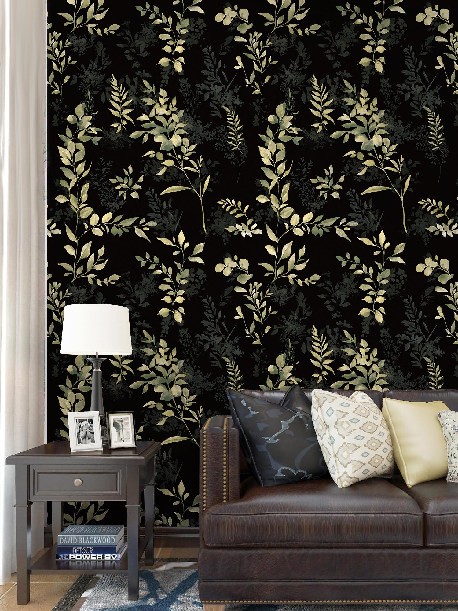 HaokHome Botanical Wallpaper – Golden Leaves and Greenery on Dark Black Background