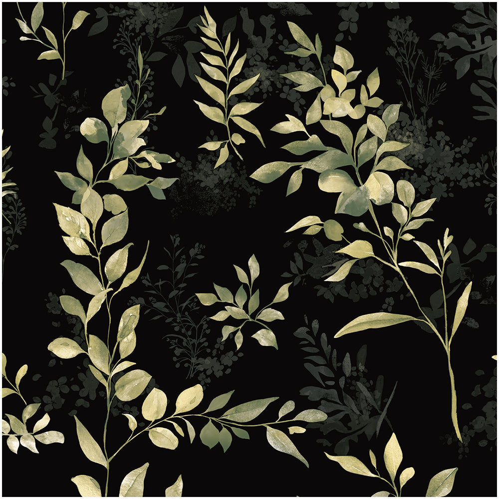 HaokHome Botanical Wallpaper – Golden Leaves and Greenery on Dark Black Background
