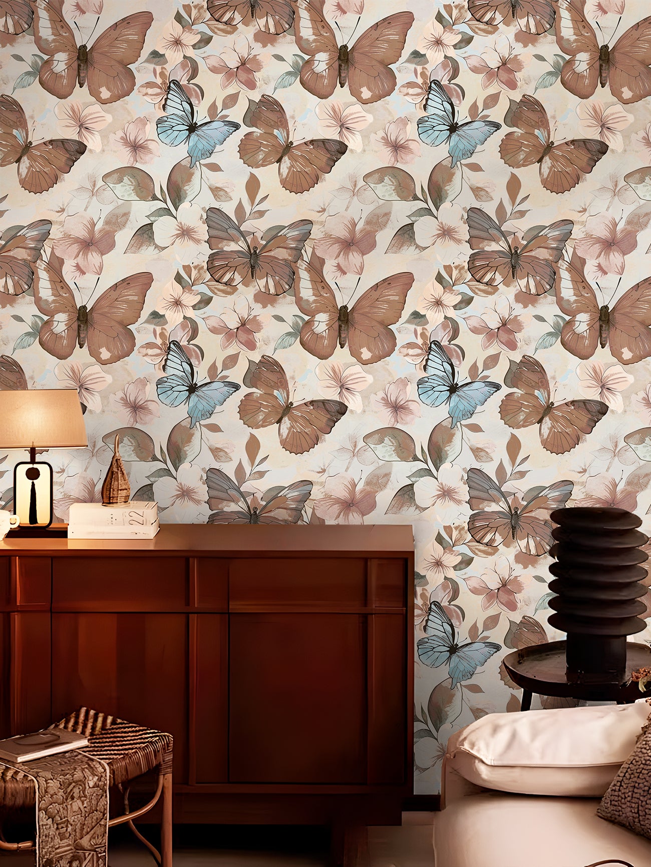 HaokHome Butterfly Floral Wallpaper Pastel Blue & Brown Butterflies with Soft Blooms on Cream Background