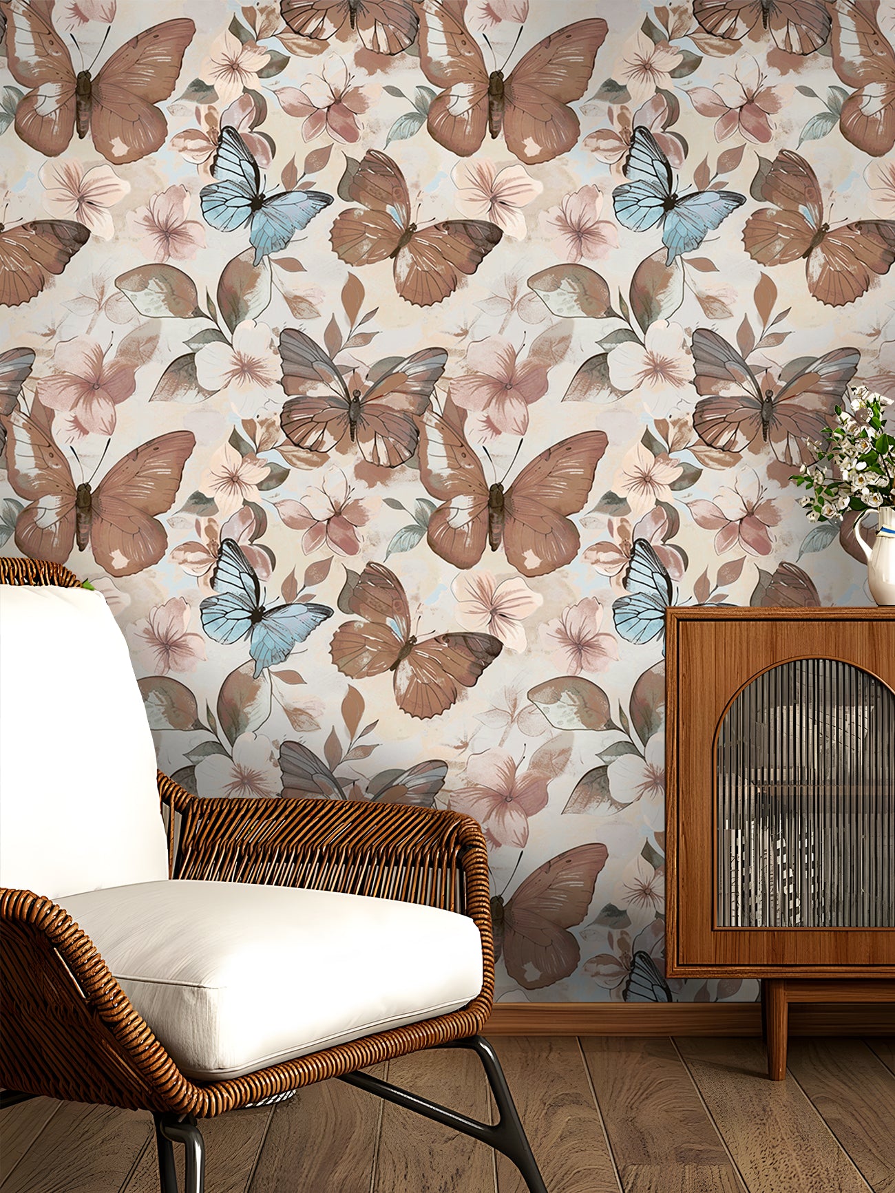 HaokHome Butterfly Floral Wallpaper Pastel Blue & Brown Butterflies with Soft Blooms on Cream Background
