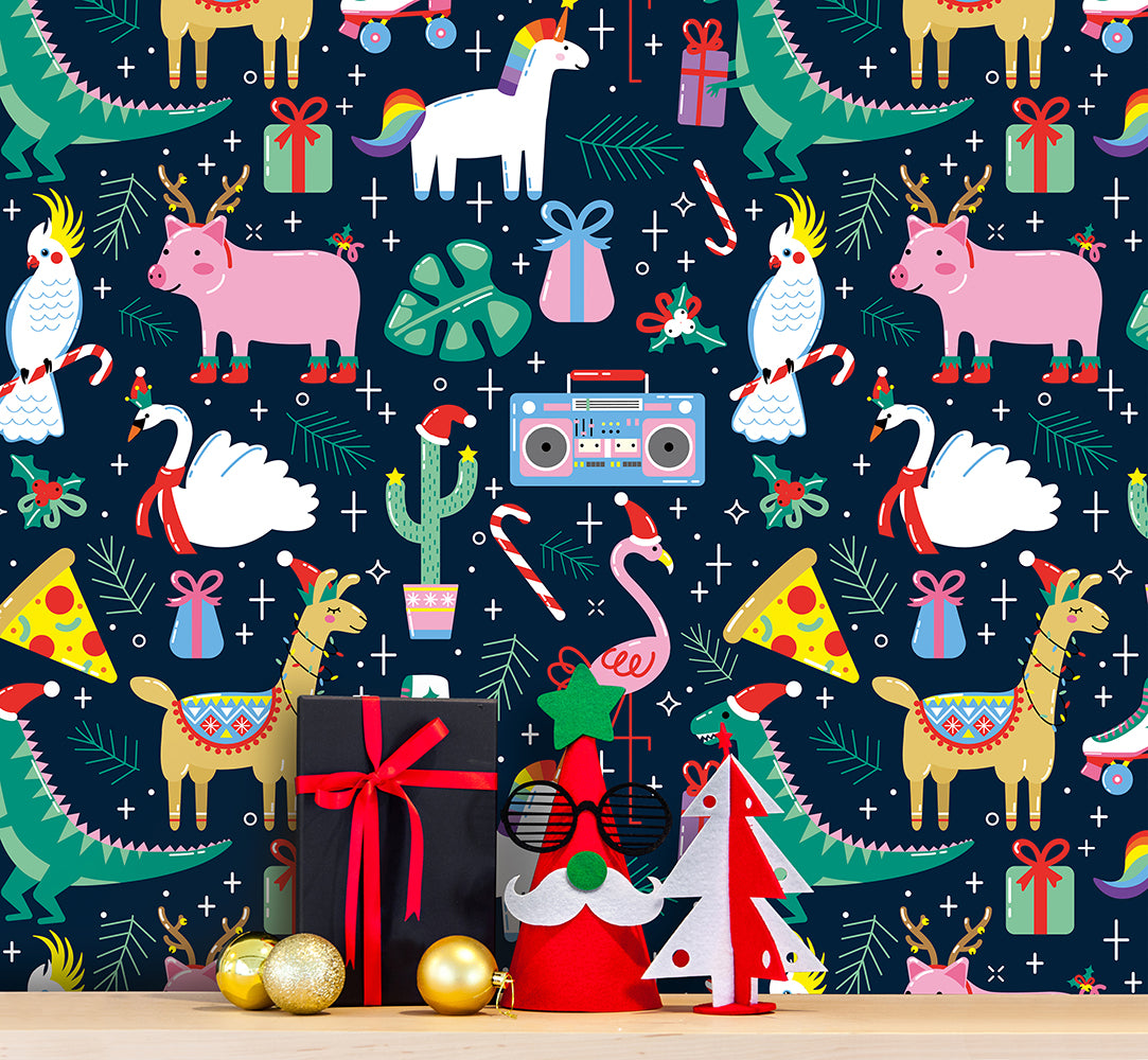 HaokHome Christmas-Themed Cartoon Animal Wallpaper Fun and Festive Design