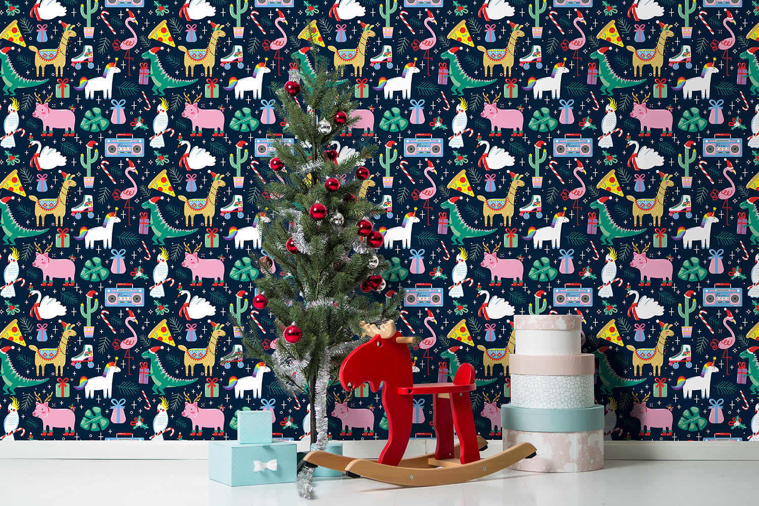 HaokHome Christmas-Themed Cartoon Animal Wallpaper Fun and Festive Design