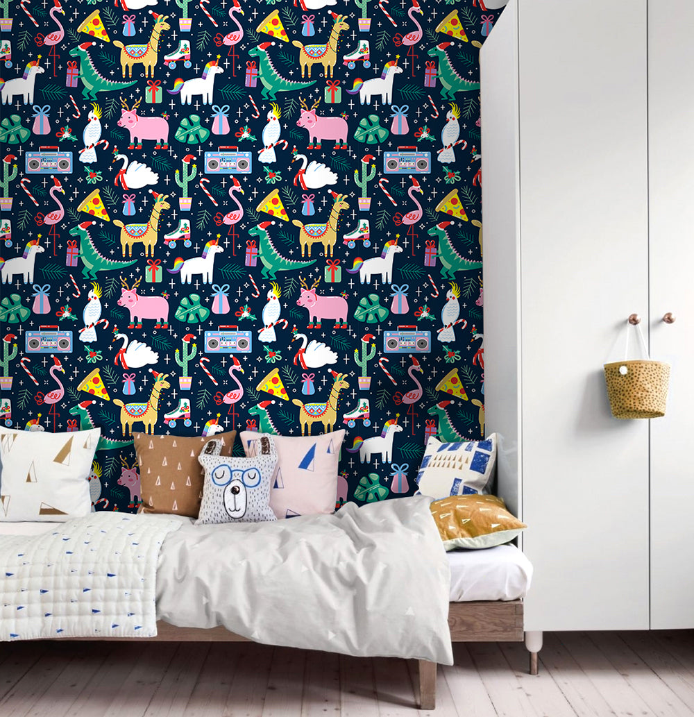 HaokHome Christmas-Themed Cartoon Animal Wallpaper Fun and Festive Design