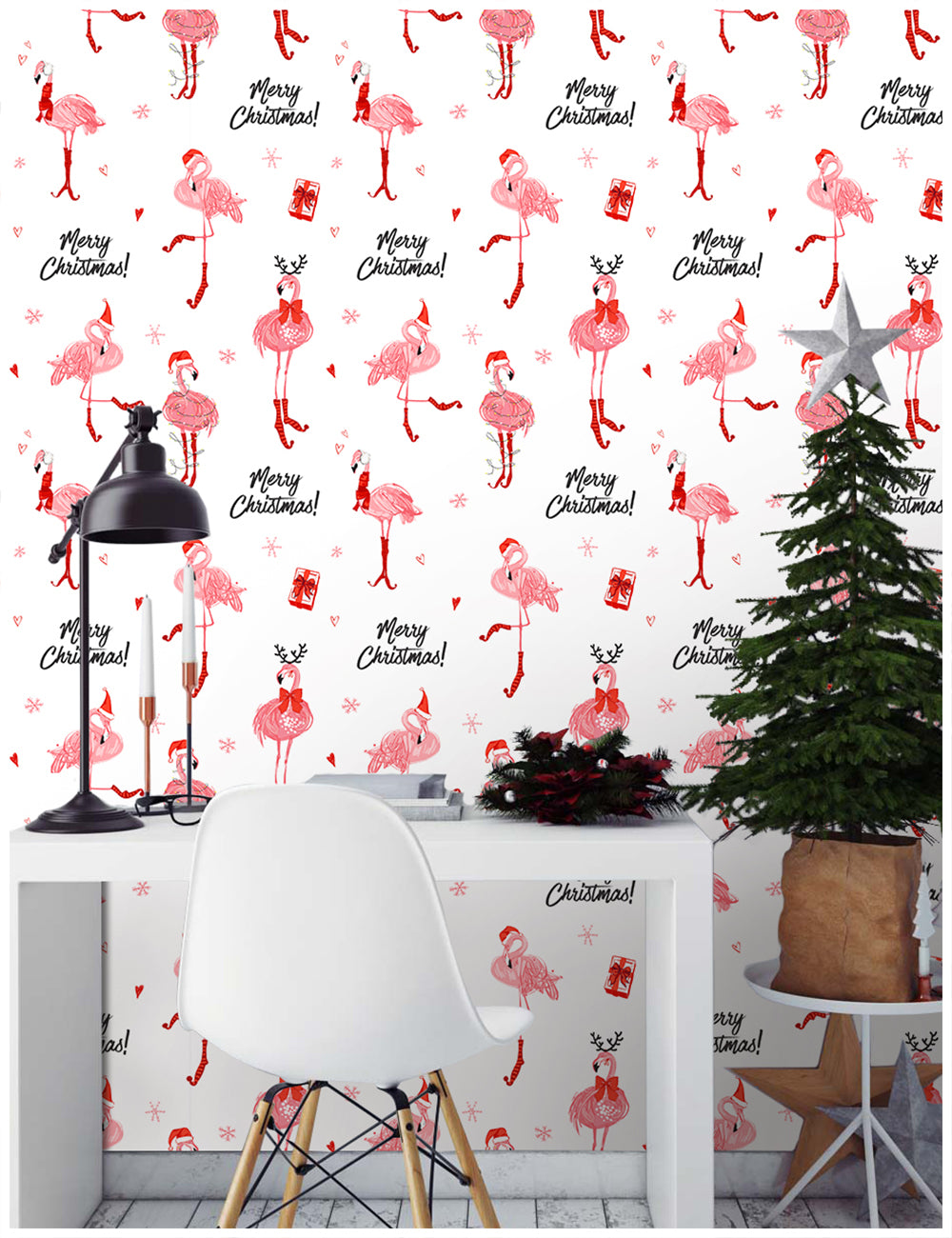 HaokHome Christmas Flamingo Wallpaper Elegant and Festive Holiday Design